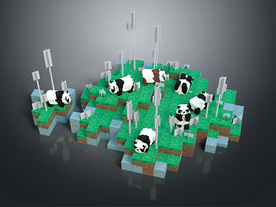 Pixel Style Scene With Playful Pandas Green Terrain And White Poles 3d model