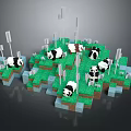 Pixel Style Scene With Playful Pandas Green Terrain And White Poles