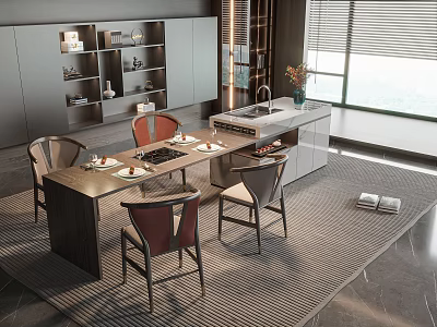 Modern Restaurant Interior Design With Dining Table Chairs Open Kitchen And Cabinets 3d model