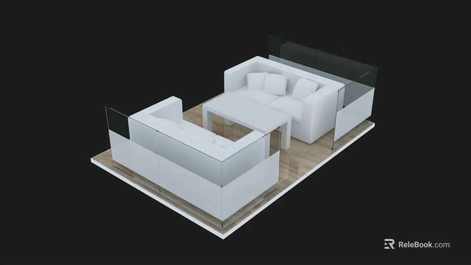 Modern White Sofa Lounge Area With Glass Railing And Wooden Floor 3d model 