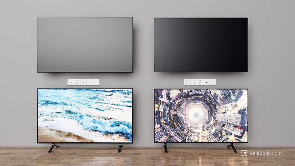 Modern Televisions with Unlit and Lit Screens Showing Ocean Waves and Space Scenes 3d model 