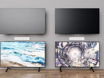 Modern Televisions with Unlit and Lit Screens Showing Ocean Waves and Space Scenes 3d model