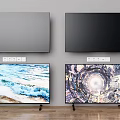 Modern Televisions with Unlit and Lit Screens Showing Ocean Waves and Space Scenes