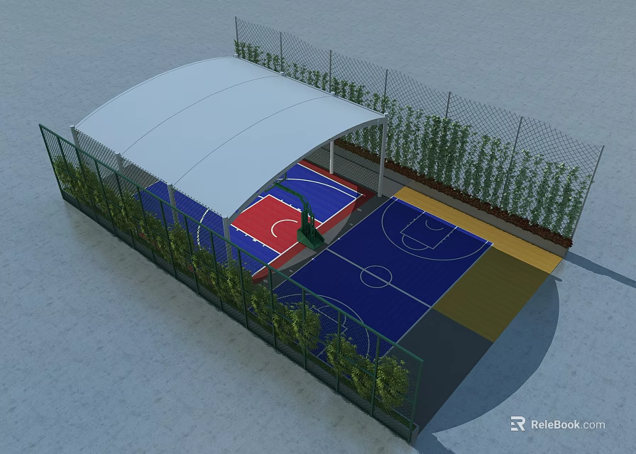 Outdoor Basketball Court With White Canopy Blue Red Surface Green Fence And Surrounding Plants 3d model 
