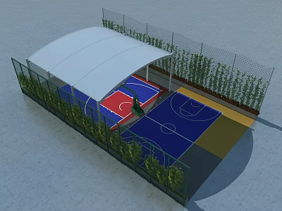 Outdoor Basketball Court With White Canopy Blue Red Surface Green Fence And Surrounding Plants 3d model
