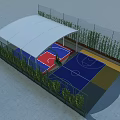 Outdoor Basketball Court With White Canopy Blue Red Surface Green Fence And Surrounding Plants