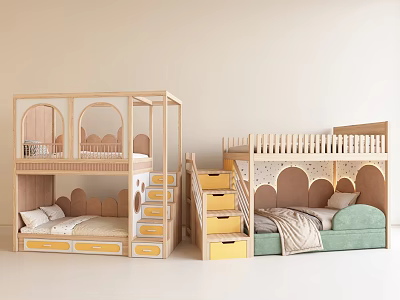 Wooden Bunk Bed With Arched Design Drawers Stairs Green Mattress And Pillows 3d model
