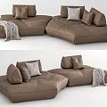 Brown Leather Sectional Sofa with Multiple Cushions and Gray Blanket in Modern Design 3d model