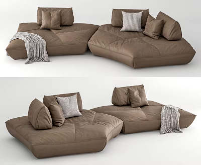 Brown Leather Sectional Sofa with Multiple Cushions and Gray Blanket in Modern Design 3d model