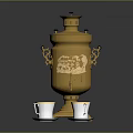Golden Decorative Samovar With Engraved Pattern And White Tea Cups On Saucers