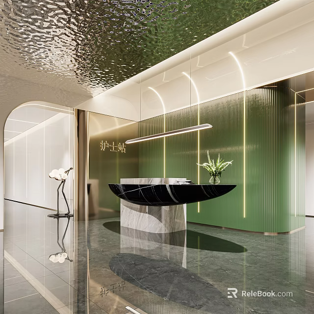 Modern Hospital Outpatient Clinic Reception Area With Green Wall And Marble Counter 3d model 