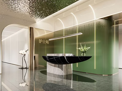 Modern Hospital Outpatient Clinic Reception Area With Green Wall And Marble Counter 3d model