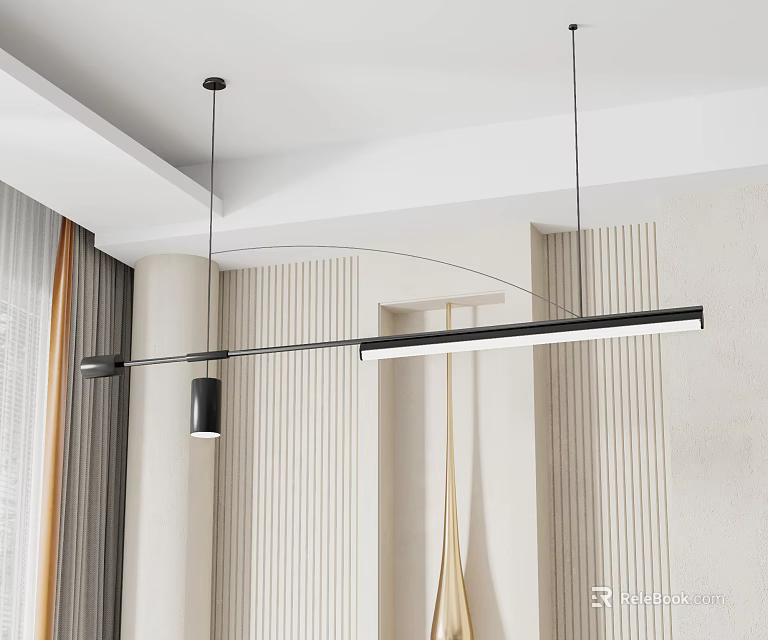 Modern Linear Pendant Light With Black Frame In Minimalist Interior Space 3d model