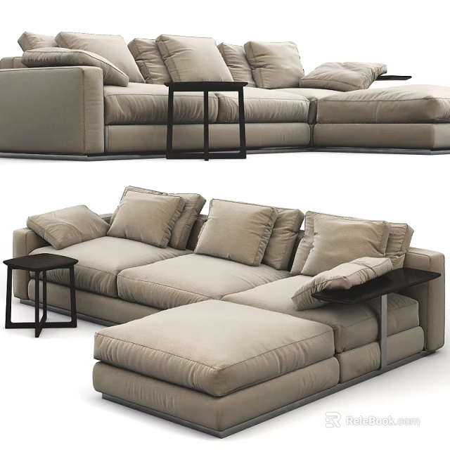 Modern Beige Sofa With Multiple Cushions And Black Coffee Table Set 3d model