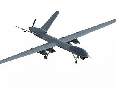Gray Unmanned Combat Fighter Jet With Long Wings Propeller And Landing Gear 3d model