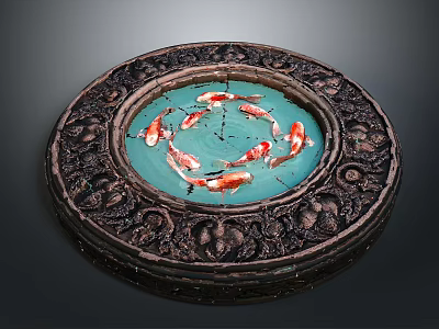 Ornate Round Decorative Basin With Carved Border Turquoise Water And Koi Fish 3d model