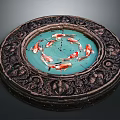 Ornate Round Decorative Basin With Carved Border Turquoise Water And Koi Fish