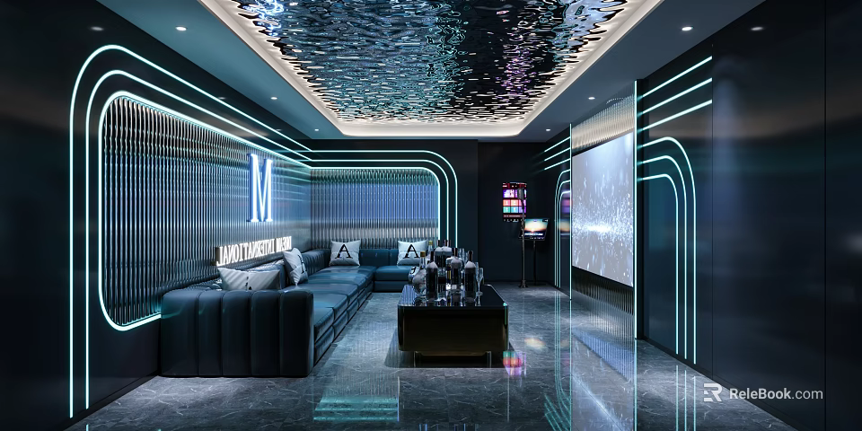 Modern KTV Private Room With Neon Lights Sofa And Projector 3d model 