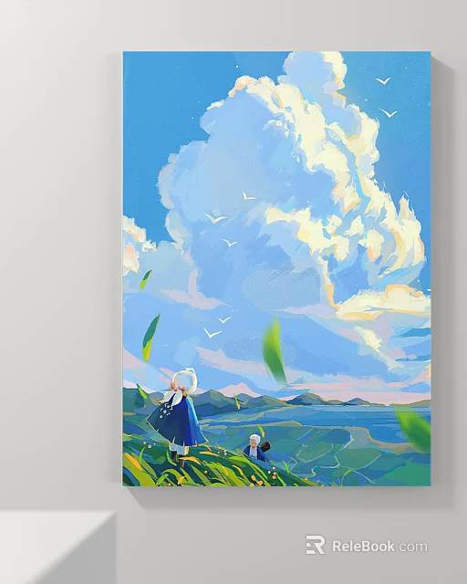 Vibrant Landscape Painting with Blue Sky White Clouds Birds Flying Two Figures Green Grass Water 3d model 