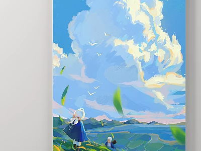 Vibrant Landscape Painting with Blue Sky White Clouds Birds Flying Two Figures Green Grass Water 3d model