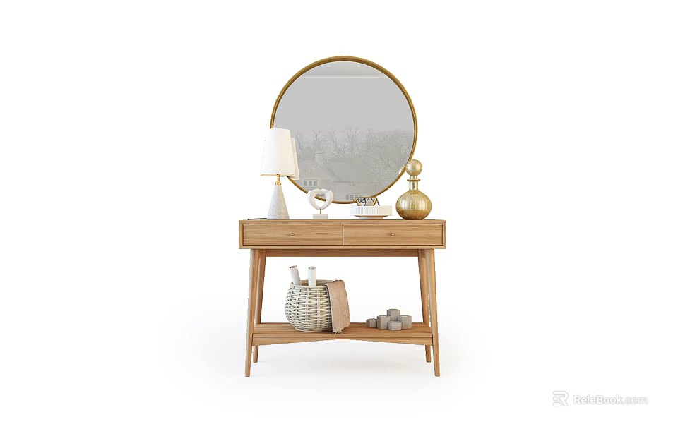 Light Wood Dressing Table With Round Gold Frame Mirror Table Lamp And Woven Basket 3d model 