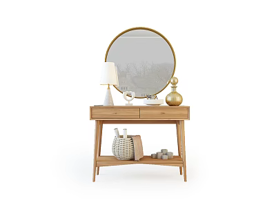 Light Wood Dressing Table With Round Gold Frame Mirror Table Lamp And Woven Basket 3d model