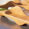 Modern Curved Wooden Public Chair Design With Wave Shaped Structure And Greenery Details