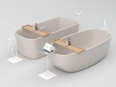 Modern Freestanding Bathtubs with Wooden Trays Bath Products and White Towels 3d model