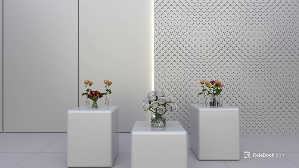 Hanging Basket Plants Decor With White Pedestals Vases Flowers And Diamond Pattern Wall Backdrop 3d model 
