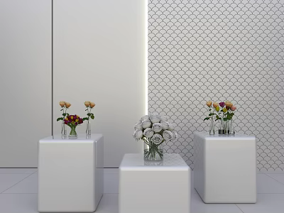 Hanging Basket Plants Decor With White Pedestals Vases Flowers And Diamond Pattern Wall Backdrop 3d model