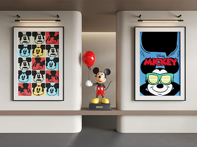 Abstract Paintings Featuring Mickey Mouse Artworks With Red Balloon And Figurine 3d model