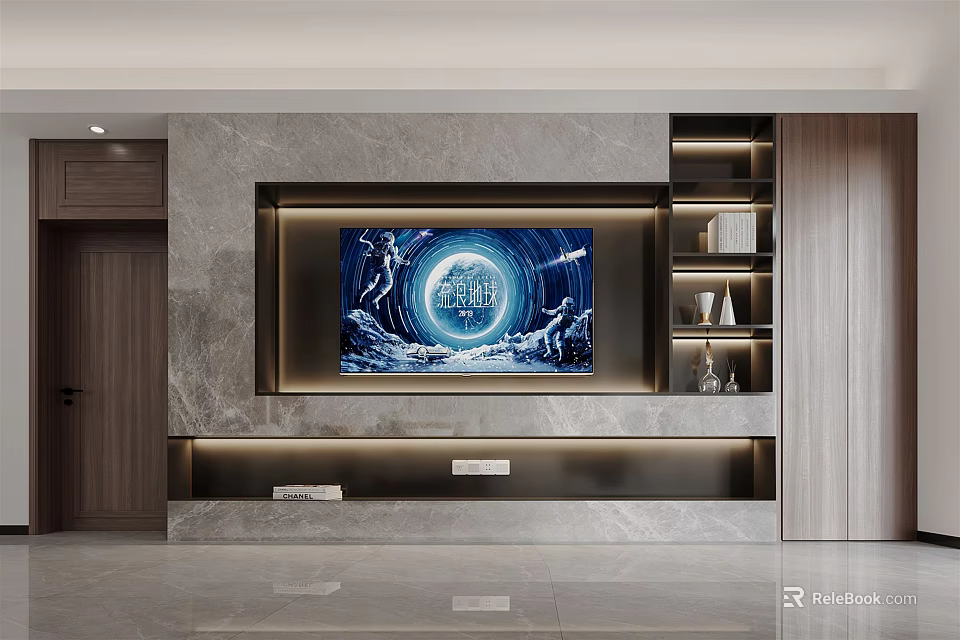 Modern Luxury TV Wall Design With Marble Panel LED Lighting And Floating Shelves 3d model