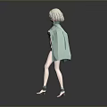 3D Female Character With Light Hair Green Shawl And Dark Outfit Standing In Gray Background