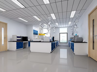 Modern Laboratory Interior Design With Blue Cabinets Lab Benches And Equipment 3d model