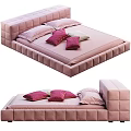 Pink Upholstered Double Bed With Soft Headboard And Pink White Pillows 3d model