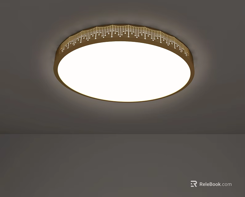 Round Ceiling Light With White Lampshade And Gold Decorative Frame 3d model