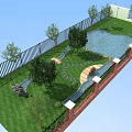 Garden Landscape Design with Curved Pond Green Grass Trees and Fence