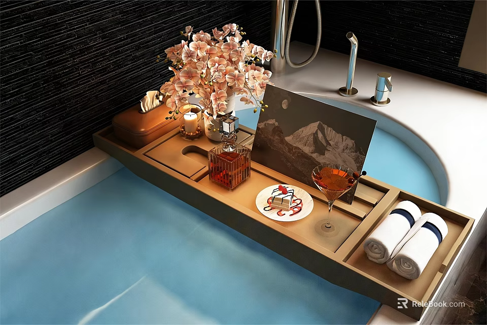 Luxurious Bathtub Interior With Wooden Tray Pink Flowers Candle Wine Glass And Towels 3d model 