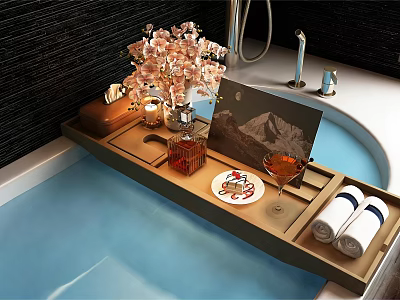 Luxurious Bathtub Interior With Wooden Tray Pink Flowers Candle Wine Glass And Towels 3d model