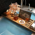 Luxurious Bathtub Interior With Wooden Tray Pink Flowers Candle Wine Glass And Towels