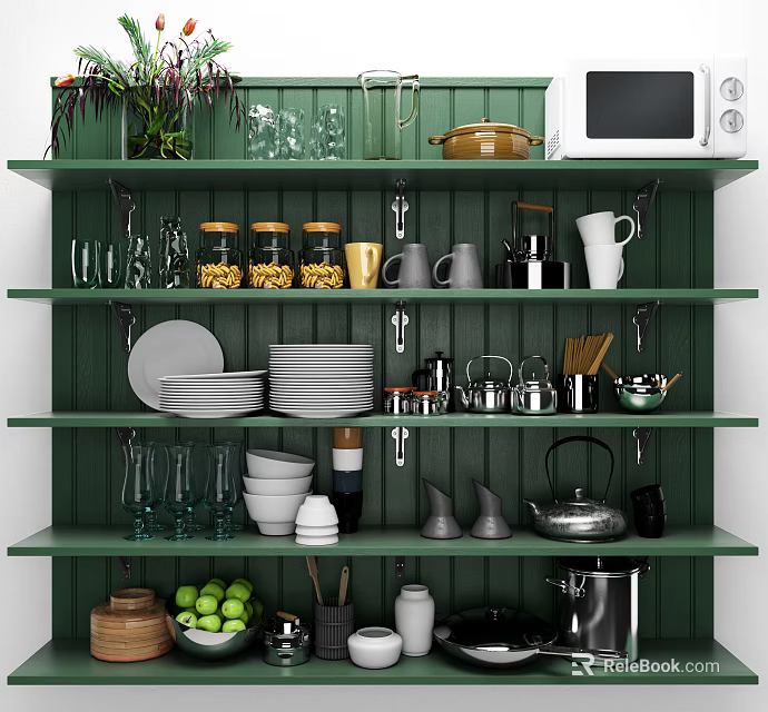 Green Kitchen Shelves With Various Kitchenware Jars Mugs Plates Kettle Microwave And Plants 3d model 
