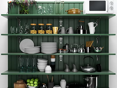 Green Kitchen Shelves With Various Kitchenware Jars Mugs Plates Kettle Microwave And Plants 3d model