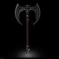 Ornate Battle Axe With Intricate Metal Blades And Leather Wrapped Decorative Handle