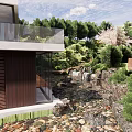 Modern Detached Villa With Glass Walls And Terrace Surrounded By Lush Green Trees And Garden