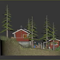 Cartoon Scene Featuring Red Houses With Black Roofs And Tall Green Pine Trees
