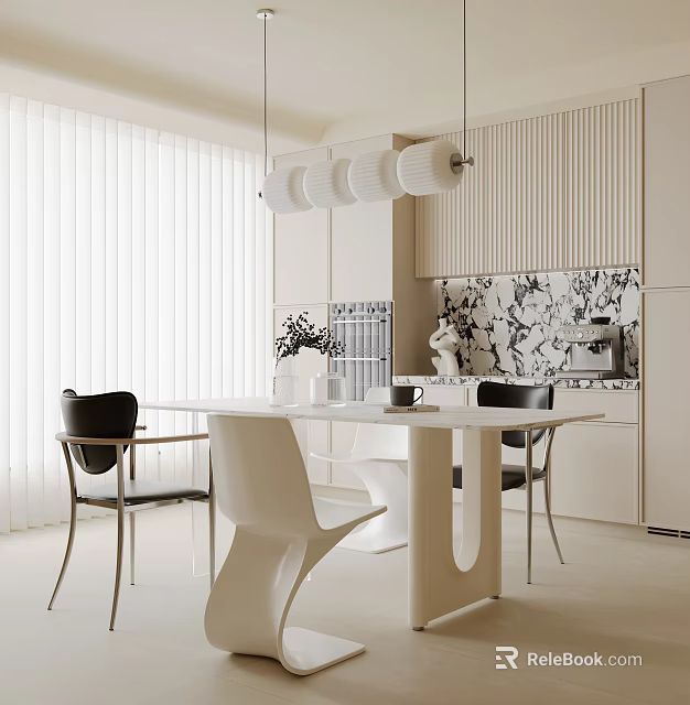 Modern Dining Room Interior With White Table Black Chairs Pendant Lights And Marble Backsplash 3d model 