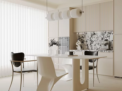 Modern Dining Room Interior With White Table Black Chairs Pendant Lights And Marble Backsplash 3d model