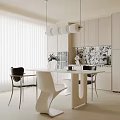 Modern Dining Room Interior With White Table Black Chairs Pendant Lights And Marble Backsplash