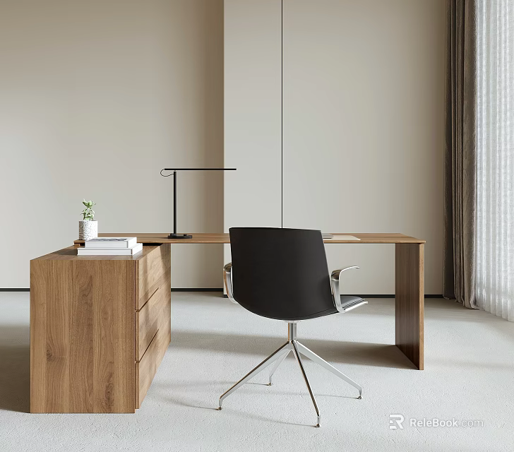 Modern Wooden Desk Interior With Black Chair Table Lamp Books And Small Plant 3d model 