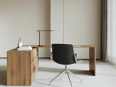 Modern Wooden Desk Interior With Black Chair Table Lamp Books And Small Plant 3d model